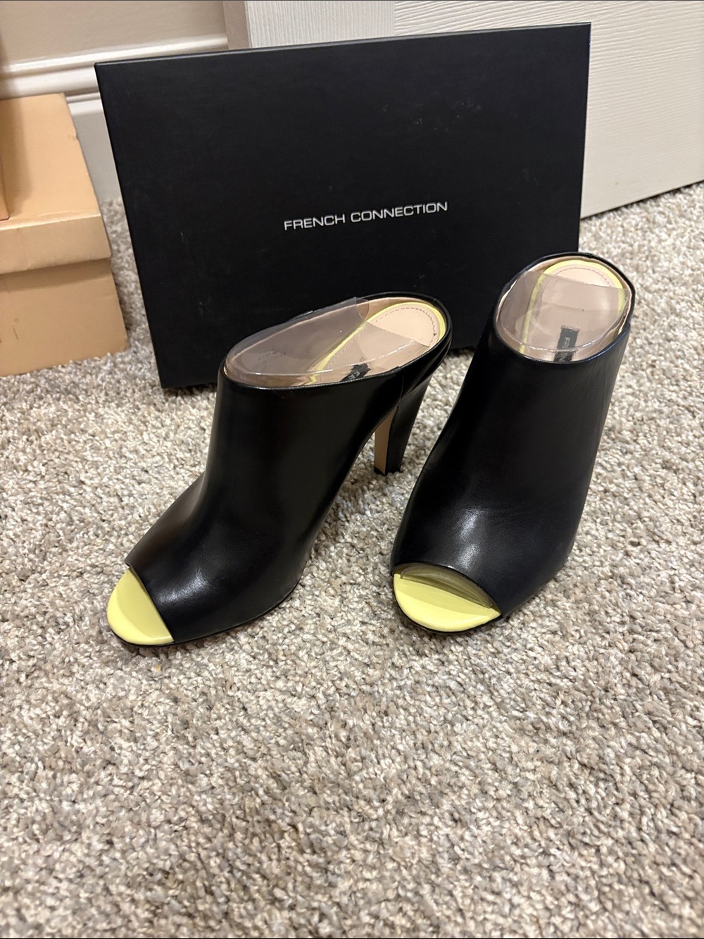 French Connection Black Leather Peep-Toe Mules with Yellow Insole